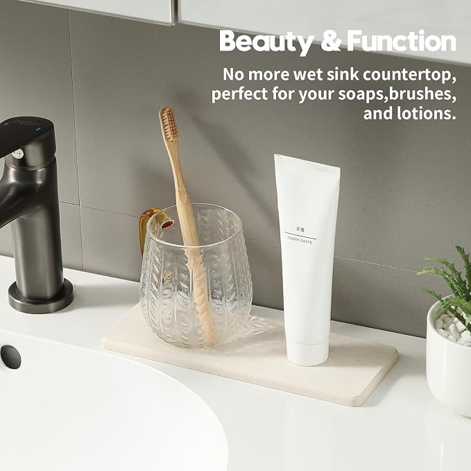 2PCS Beige Bathroom Sink Vanity Trays, Water Absorbing Diatomite Stone Drying Soap Dish Dispenser for Kitchen Counter, Sponge Holder Mat Rack Faucet Splash Guard Caddy Organizer, 9"x3.5" - Image 3