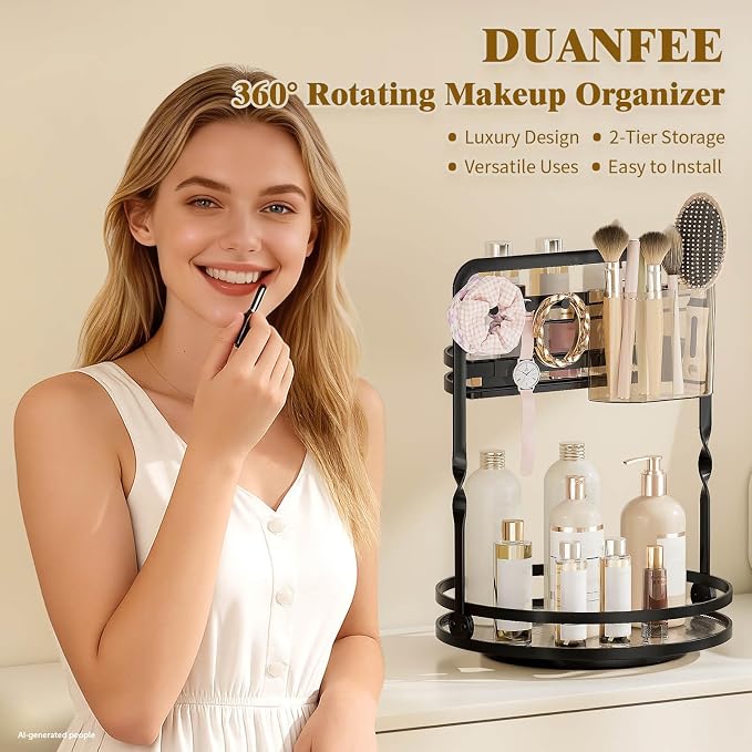 360 Rotating Makeup Vanity Organizer,Black 2-Tier Perfume Organizer - Image 2