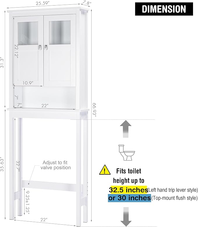 Spirich Bathroom Over the Toilet Storage Cabinet with Glass Doors, White - Image 2