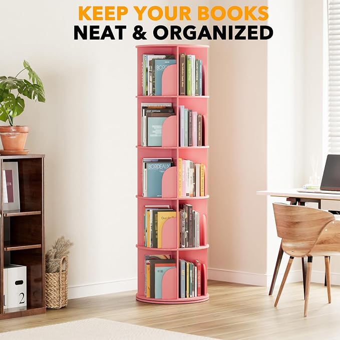 SpaceAid 5 Tier Rotating Bookshelf Tower, Spinning Bookcase Lazy Susan, Revolving 360 Book Shelf Storage Round Carousel, Vertical Rotate Turning Spiral Corner Organizer, Pink - Image 6