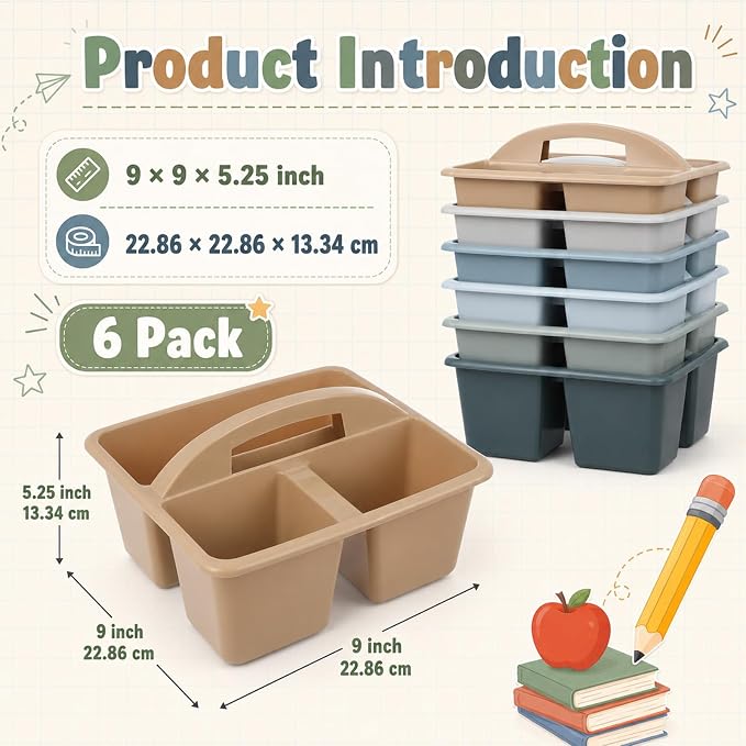 6 Pack Plastic Classroom Organizer Caddy with Handle, Muted Nordic - Image 2