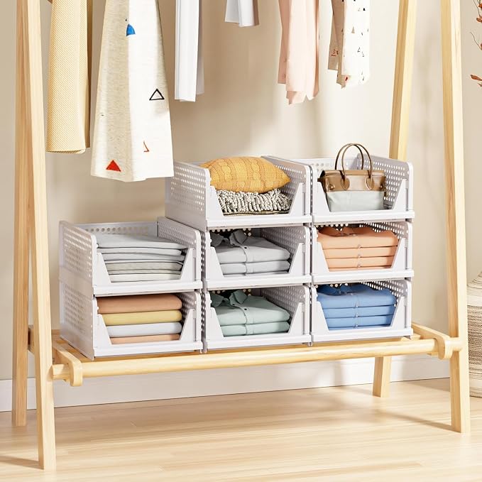 caktraie 8 Pack Stackable Closet Storage Basket - Stackable Storage Bins | Multifunctional & Foldable Closet Organizer Waterproof, Wardrobe Cupboard Space-Saving Storage Drawer Organizer - Image 6