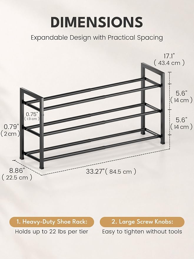 Bumusty 3 Tier Expandable Shoe Rack for Closet, Black | 18"-33" Adjustable Shoe Rack for Entryway, Small Shoe Organizer for Dorm, Front Door, Sturdy Metal - Image 2