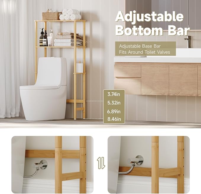 Over The Toilet Storage,2-Tier Bamboo Bathroom Shelf with Paper Holder - Image 5