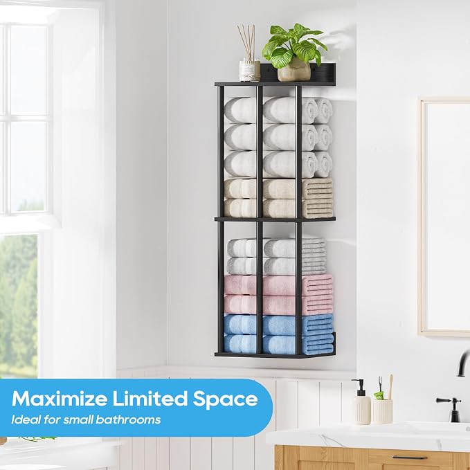 Towel Racks for Bathroom Wall Mounted with Wooden Storage Shelf - Image 8