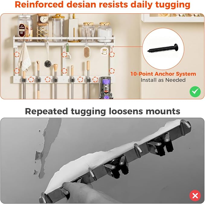 Broom Holder Wall Mount with Shelf,Broom Hanger,3 in 1 Broom and Mop Organizer Wall Hanging for Laundry,Garage,Utility,Broom Rack,Vacuum Stand Alternative,Cleaning Supplies Organizer Storage,White,L - Image 5
