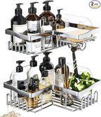 SWTYMIKI Shower Caddy Corner with Soap Holder, 2-Tier Stainless Steel Corner Shower Organizer with 11 Hooks, No Drilling & 6 Strong Adhesives Bathroom Shelf Organizer, Silver - 2 Tier by SwtyMiki-TidyHomeSweetLife