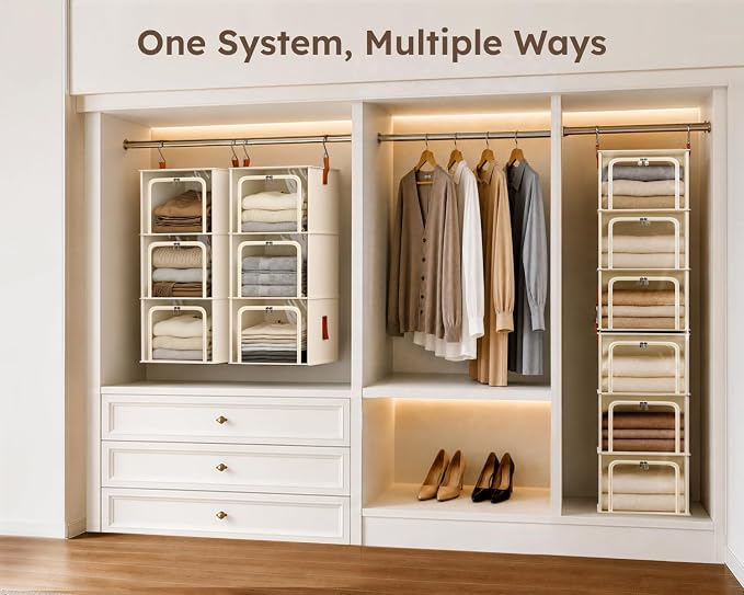 Homsorout 4-Tier Modular Hanging Closet Organizer Shelves, Beige | 40.9" Height, 2+2 Modular Design, Vertical Closet Storage, Clear Window, Easy Access, Walk-in Closet, Bedroom, Dorm, RV - Image 2