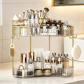 2-Tier Corner Bathroom Counter Organizer，Makeup & Skincare Shelf with Built-in Brush Holder，Space-Saving Bathroom Countertop Organizer for Skincare, Perfume, Cosmetics(Clear) by GREENBY