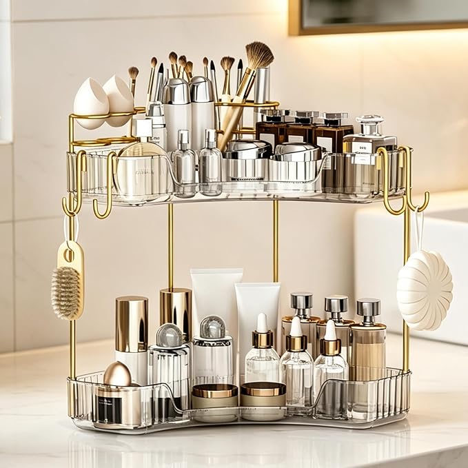 2-Tier Corner Bathroom Counter Organizer，Makeup & Skincare Shelf with Built-in Brush Holder，Space-Saving Bathroom Countertop Organizer for Skincare, Perfume, Cosmetics(Clear) by GREENBY
