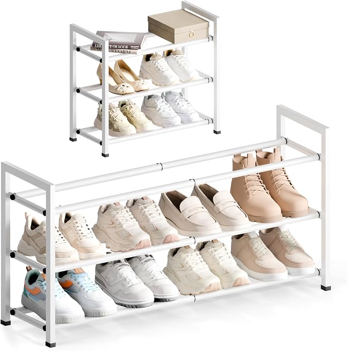 Bumusty 3 Tier Expandable Shoe Rack for Closet, White | 18"-33" Adjustable Shoe Rack for Entryway, Small Shoe Organizer for Dorm, Front Door, Sturdy Metal by BUMUSTY