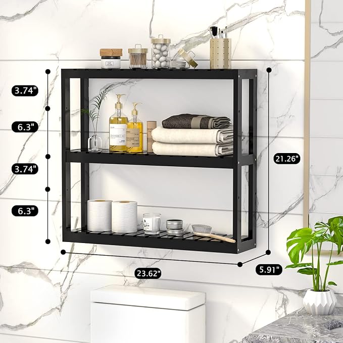 Domax Bamboo Bathroom Shelf 3-Tier Wall Mount Storage Rack Multifunctional Adjustable Layer Free Standing Over Toilet Utility Shelves Living Room Kitchen (Black) - Image 3