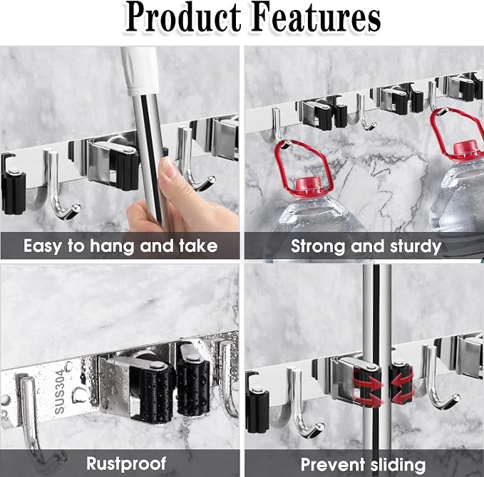 2 Pack Broom Holder Wall Mount, 5 Racks 4 Hooks Mop and Broom Organizer - Image 2
