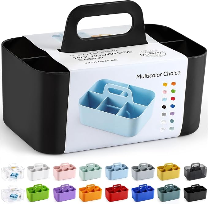 Multiuse Caddy Organizer with Handle, Portable Divided Plastic Tote Bin - Art Craft, Stationary Pen Marker Crayons, Makeup Hair Supplies Storage - Bathroom, Classroom, Dorm, Office, Desk Holder -Black - Image 8