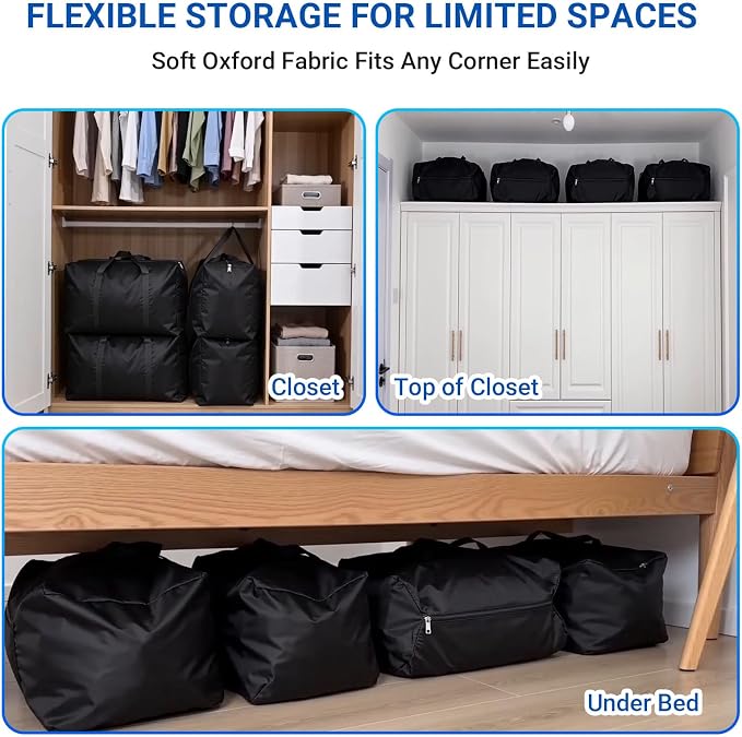 Extra Large Moving Bags, 6 Pack Black Oversized Storage Totes with Strong Zipper & Reinforced Full Loop Handles, Collapsible Storage Bags for Space Saving, for King/Queen Comforter, Blankets & Clothes - Image 5