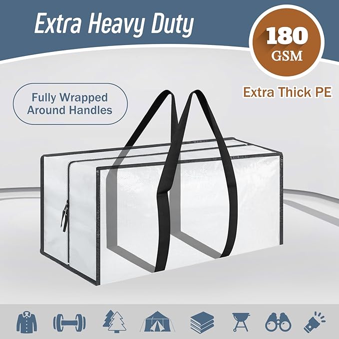 6 Pack Extra Heavy Duty Large Moving Bags with Strong Zipper, White | Comfortable Handles, Sturdy & Durable Clothes Storage Bags Totes Bins, Blue Packing Moving Boxes for College Supplies - Image 2