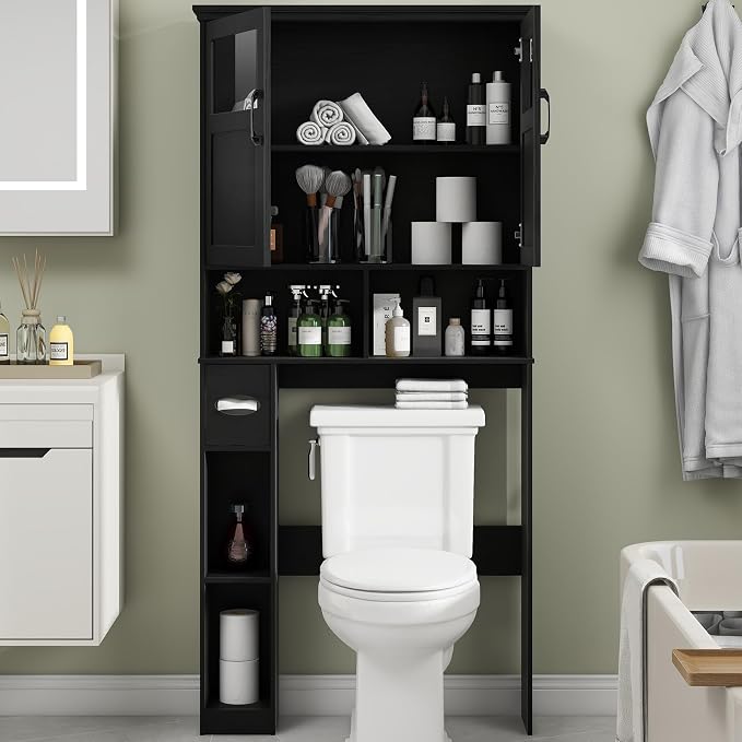 Vabches Over The Toilet Storage Cabinet with Doors & Paper Holder, Black - Image 3
