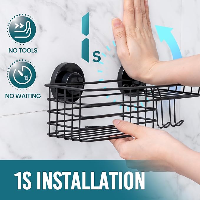 TAILI Shower Caddy Suction Cup with Hooks and Soap holder, Black - Image 2