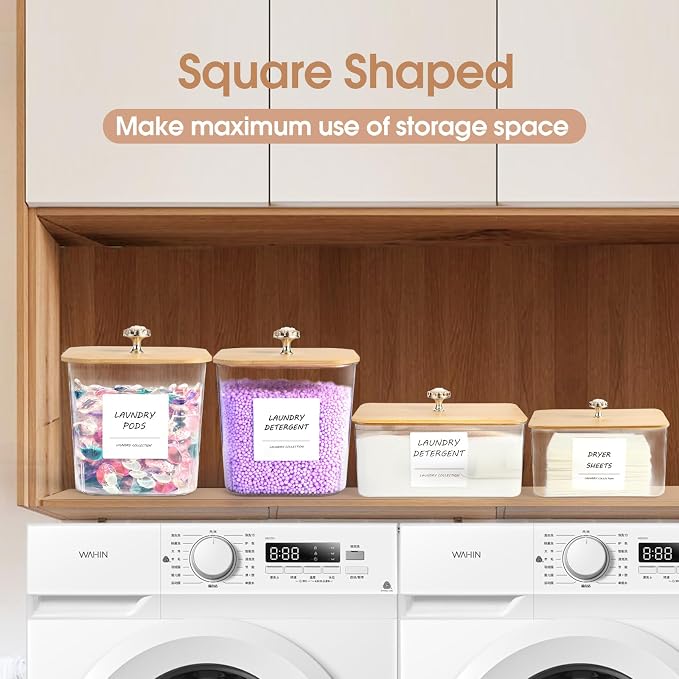 4 Pack Laundry Room Organization Storage Containers, Plastic Clear Laundry Pods Container & Dryer Sheet Holder Jars with Lids, Scoops & Labels for Detergent, Powder, Dryer Balls, Beads - Image 3