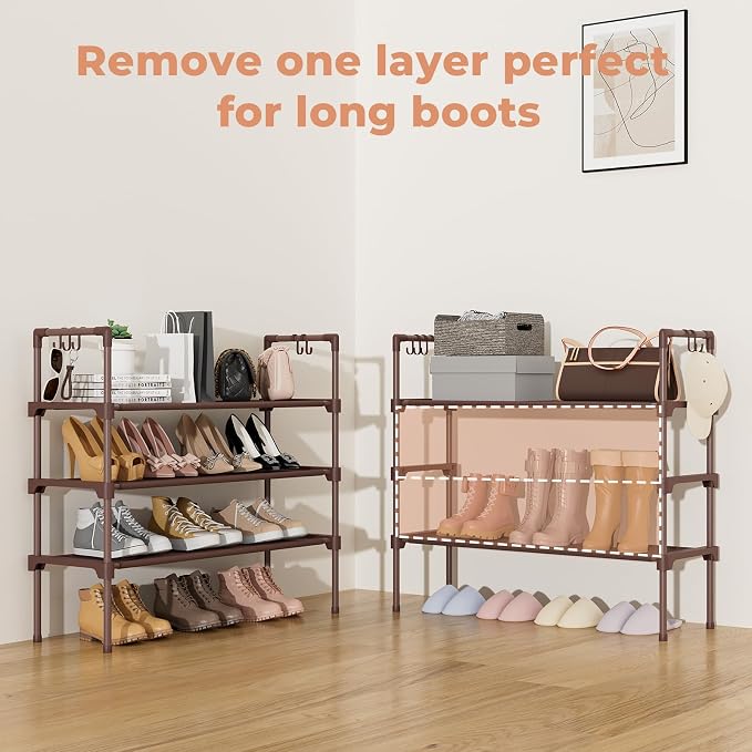 LANTEFUL 3 Tier Shoe Rack for Closet Shoe Organizer with 5 Hooks, Long Shoe Shelf Storage for Shoe and Boot Stackable Free Standing Shoe Rack for Entryway, Garage, Small Spaces, Dorm, Brown - Image 5