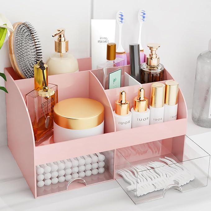 Makeup Organizer with Drawers, Cosmetic Storage for Dresser Vanity and Bathroom Countertop, Beauty Holder for Lipstick Brush, Skincare Organizer for Vanity, Cosmetic Display Case (Pink) by COMFYROOM