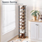 HOOBRO 10 Tiers Vertical Shoe Rack, Wooden Shoe Storage Organizer with Hooks, Narrow Shoe Tower for 10 Pairs, Space Saving, for Entryway, Living Room, Bedroom, Rustic Brown BF141XJ01 - Image 6