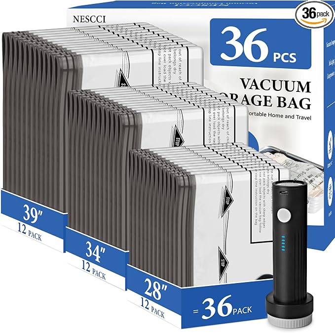 36 Pcs Travel Vacuum Bags for Clothing with Rechargeable Wireless air Pump by NESCCI