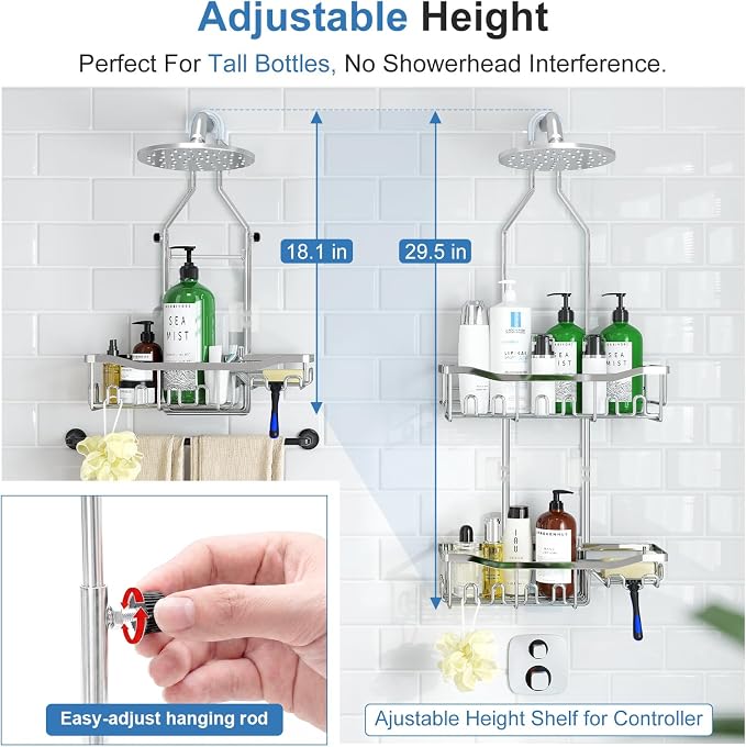 Upgraded Extended Length Shower Organizer with Hooks, Rustproof Shampoo Soap Holder, Large Hanging Bathroom Caddy, Silver - Image 3