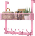 Consumest Over The Door Hooks Organizer - 2 Tier Over Door Hanger with 16 Hooks & 2 Baskets for Hanging Coat, Clothing, Towel, Back Storage for Bathroom, Closet, College Dorm, Pink by Consumest