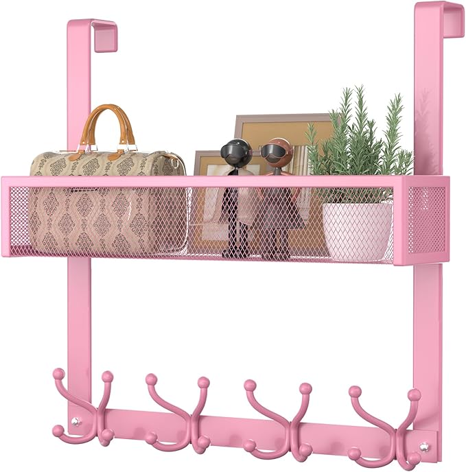 Consumest Over The Door Hooks Organizer - 2 Tier Over Door Hanger with 16 Hooks & 2 Baskets for Hanging Coat, Clothing, Towel, Back Storage for Bathroom, Closet, College Dorm, Pink by Consumest