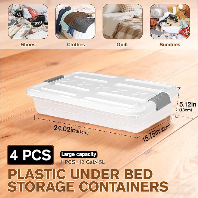 4 PCS*37 Qt Wheeled Latching Under Bed Storage, Stackable Bin with Latch Lid, Plastic Container to Organize Shoes Underbed, Clear with White Lid(White) - Image 2