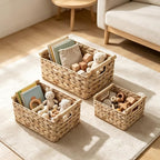 Water Hyacinth Storage Baskets, Set of 3 Stackable Rectangular Wicker Basket with Solid Wooden Rod Handles for Shelves, Kitchen & Bathroom - Image 6