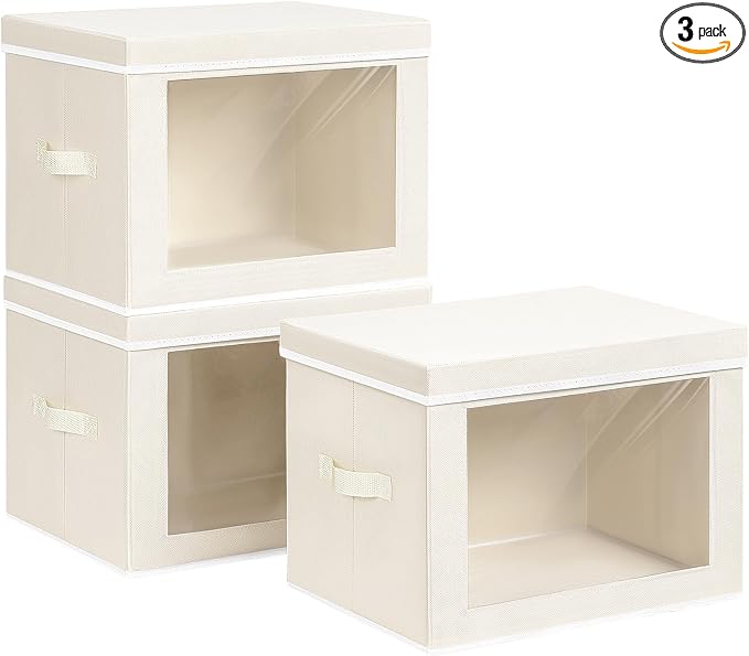 Homsorout Storage Bins with Lids, 3 Pack Large Storage Cubes with Window, Closet Bins with Lids & Handles, Fabric Box for Organizing Clothes, Towels, Books, Beige by Homsorout