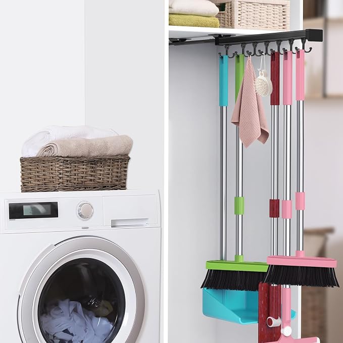 Pull Out Broom Holder With Adjustable Double Row Sliding Hook-Black 16.14IN by DegMongee