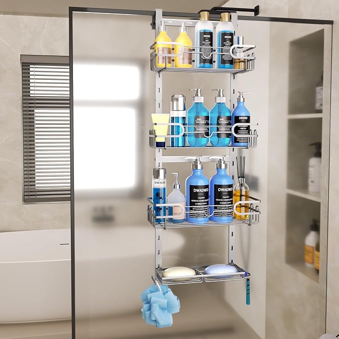 Consumest Over The Door Shower Caddy - 4 Tier Adjustable Hanging Shower Organizer Shelf with 2 Soap Holders & 22 Hooks, Rustproof Easy Installation Hanging Storage Rack for Bathroom, Silver - Image 4