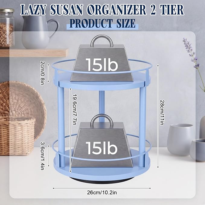Light Blue Wooden Revolving Spice Rack 2 Tier Lazy Susan Organizer - Image 2