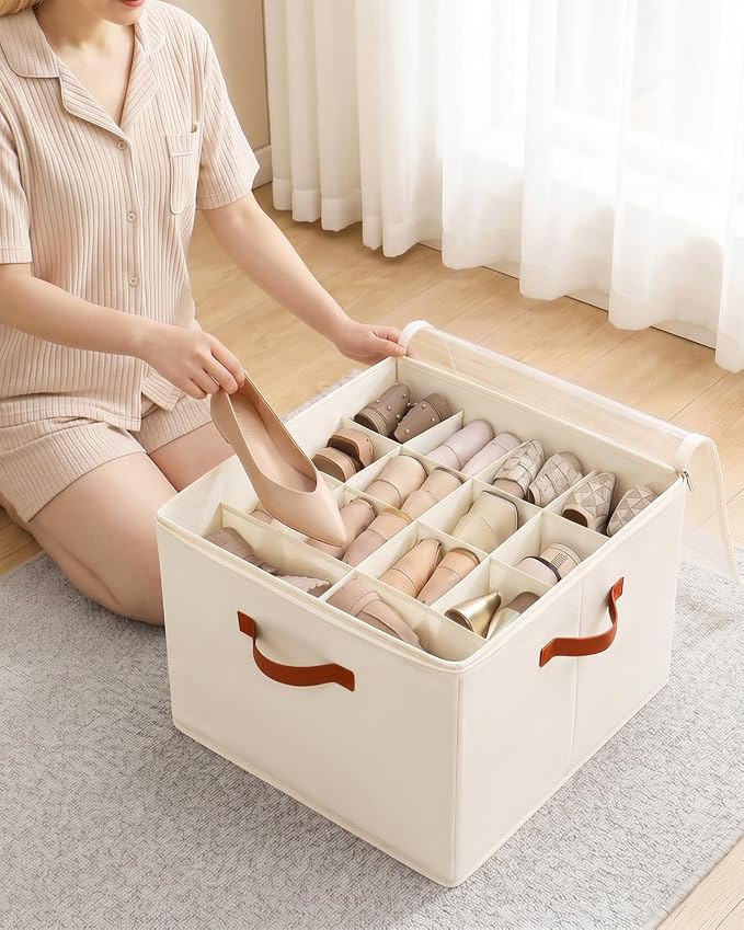 3 Pack Shoe Storage Organizer With Clear Lid-for Closet Wardrobe , Beige - Image 2