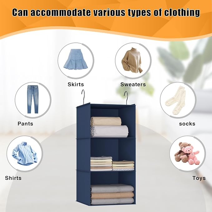 Hanging Closet Organizer 3-Shelf, Oxford Fabric Wardrobe Storage, Navy Blue | Easy-mount foldable design holds clothes, handbags, shoes & accessories; washable Oxford fabric, sturdy and space-saving. - Image 8