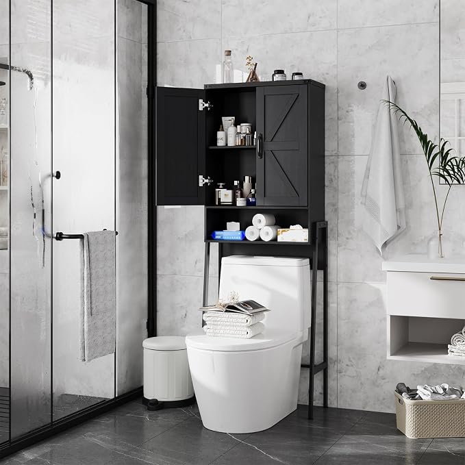 Vabches Over The Toilet Storage Cabinet with 2-Door Design Bathroom Organizers and Storage with Anti-Tip Device Over Toilet Organizer with Shelves for Bathroom,Restroom,Laundry Black by Vabches