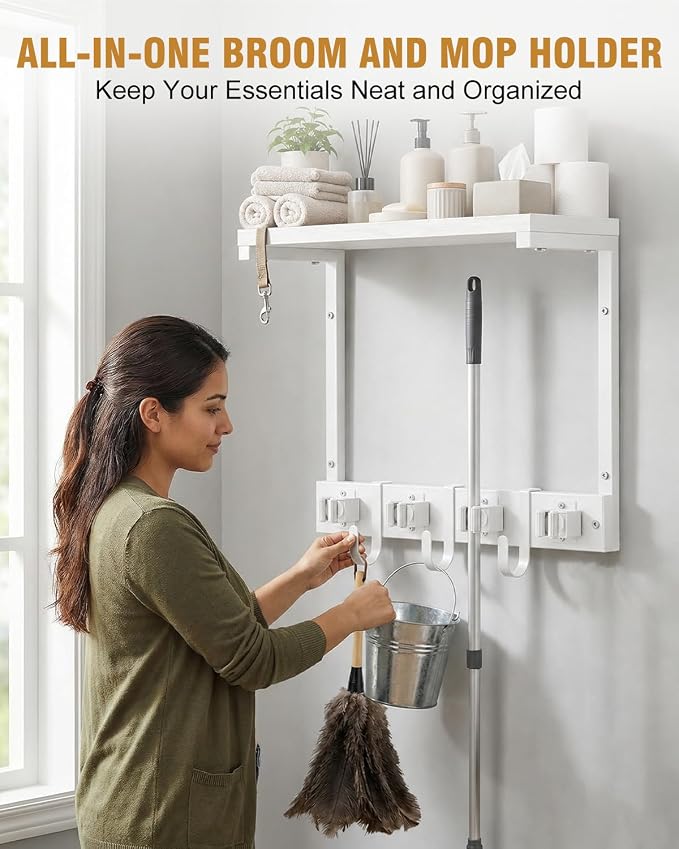 Supforce Small Broom Holder Wall Mount with Shelf, 4 Slots 3 Hooks - Image 2
