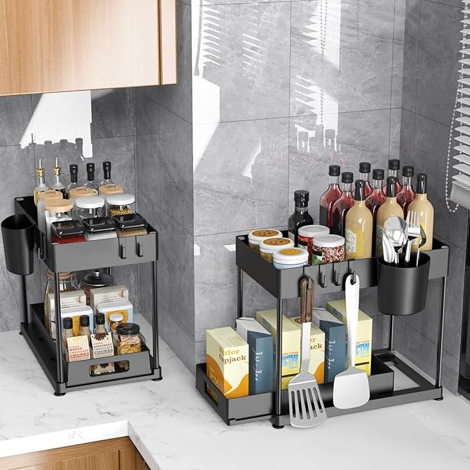 2 Pack Under Sink Organizer with Pull-Out Drawer, Black - Image 5