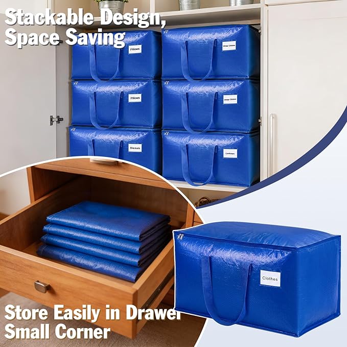 KYODOLED 4 Pack Blue Moving Bags, 24 Gal Large Storage Totes for College | Water-Resistant, Wide-Zipper Opening, Label Window, Heavy Duty Packing Bags for Clothes, Bedding and Dorm Moves, 27x13x15 in - Image 6