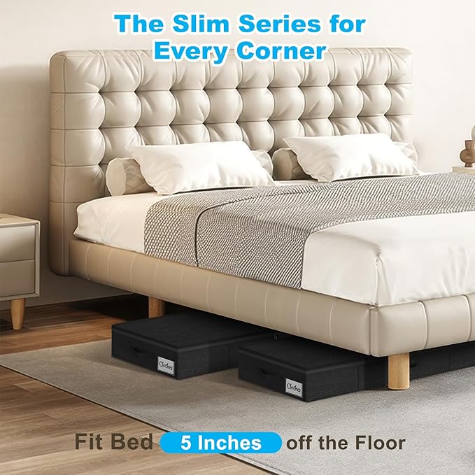 Under Bed Storage Container Bins 2 Pack, 5 Inch Thin Low Profile Underbed Clothes Storage Organizer for Dorm & Home, Use for Blanket and Toy Storage Box W/ Sturdy Bottom/Sides, Foldable Thick Fabric - Image 3