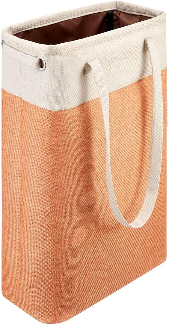 Laundry Basket with Handles Beige&Orange Slim Laundry Bin Collapsible Dirty Clothes Basket Narrow Laundry Bag Foldable Dirty Hamper for Camping, Dorms, Apartments by iBKGOO