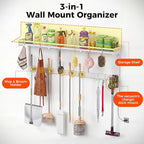 Broom Holder Wall Mount with Shelf,Broom Hanger,3 in 1 Broom and Mop Organizer Wall Hanging for Laundry,Garage,Utility,Broom Rack,Vacuum Stand Alternative,Cleaning Supplies Organizer Storage,White,XL - Image 2
