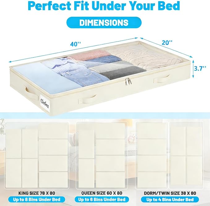 4 Inch Low Profile Under Bed Storage Drawer 2 Pack, Lightweight Underbed Clothes Storage Container Bins With NO STURCTURE, Shallow Storage Bag for Dorm & Home, With Clear Lids & Water-Resistant Fabric - Image 2