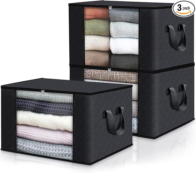 Fab totes 3 Pack Storage Bags for Clothes Blanket Storage Bins with Lids | Foldable Closet Organizers with Zippers,Window and Handles,Fabric Storage Bins for Sweater,Comforter,Bedding,Dorm essentials by Fabtotes
