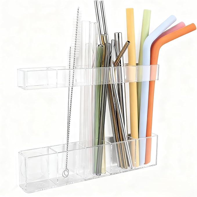 Acrylic Straw Holder for Cabinet Door - Child-Safe Organizer & Dispenser with Smooth Rounded Edges for Kitchen Accessories Storage, Adhesive Circles Included (Clear Transparent) by Unknown