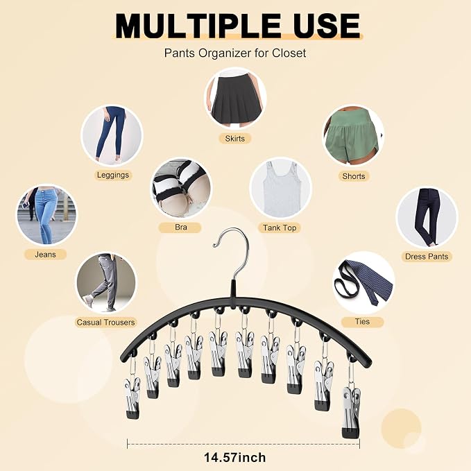 Legging Organizer for Closet, Metal Yoga Pants Hangers 1 Pack w/10 Clips Holds 10 Leggings, Space Saving Hanging Closet Organizer w/Rubber Coated Closet Organizers and Storage, Black - Image 4