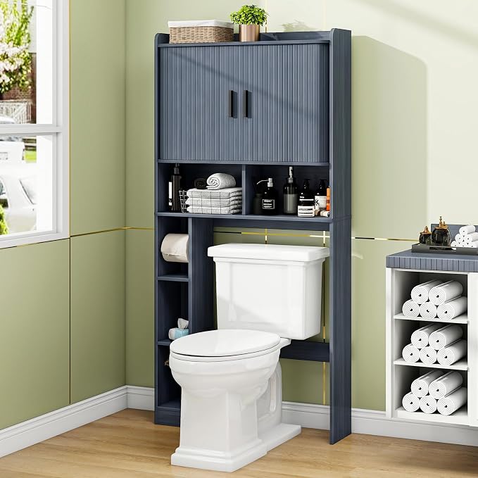 Vabches Over The Toilet Storage Cabinet with 2 Tambour Sliding Doors, Blue - Image 7